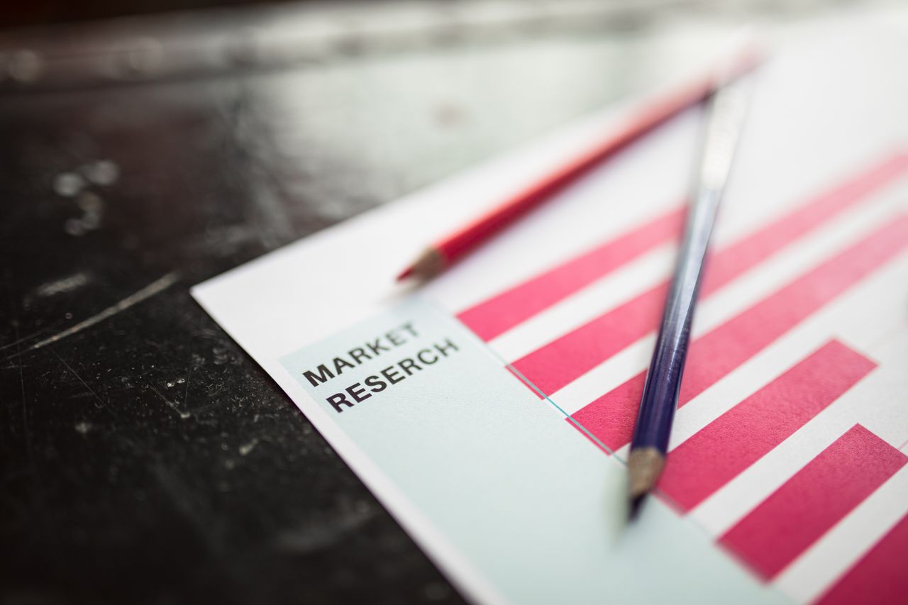 Close-up view of a market research document featuring red bar graphs and pencils, highlighting business analysis.